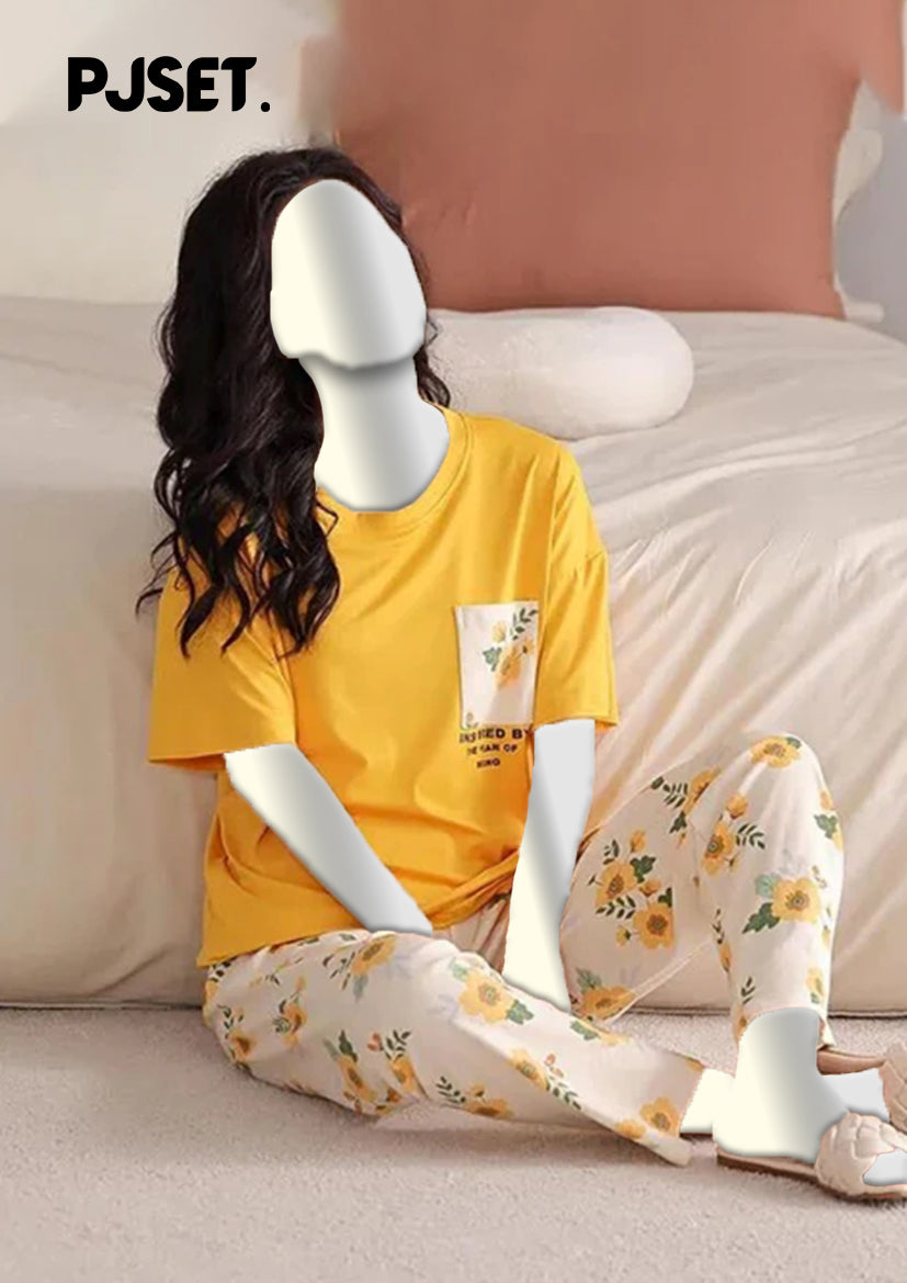 Yellow Flower Printed Night Suit