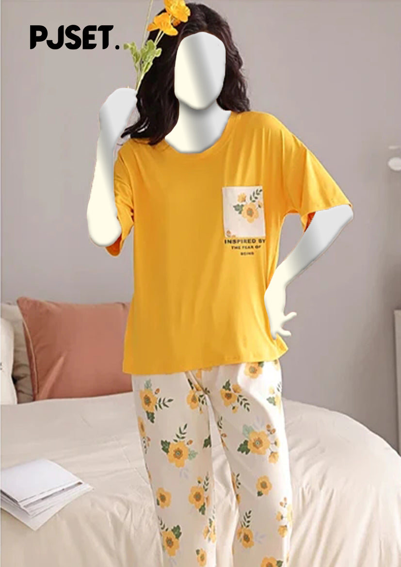 Yellow Flower Printed Night Suit