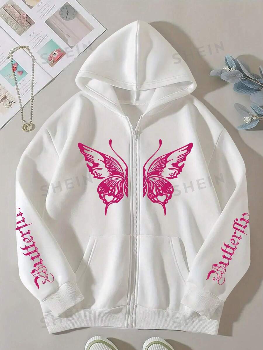 Winter Pink Butterfly Printed Zipper Hoodie For Women