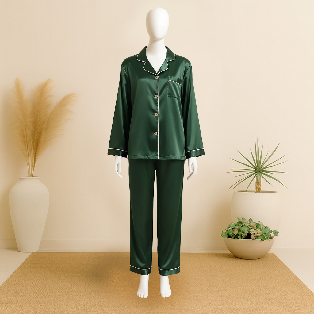 Bottle Green Silk Night Suit