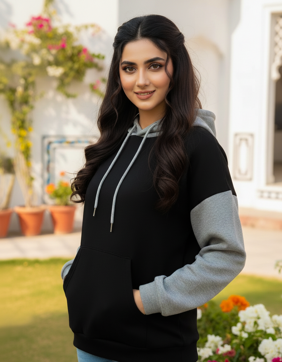 Winter Black With Grey Basic Hoodie For Women