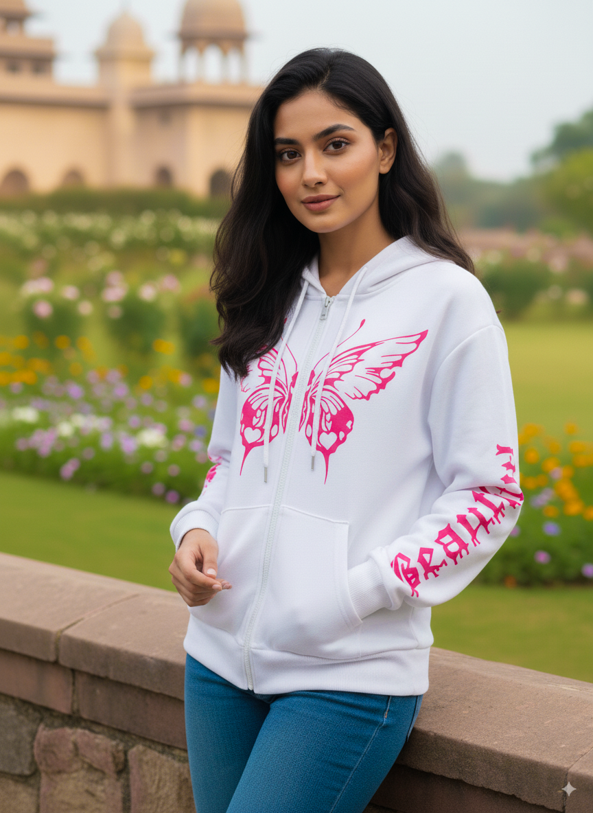 Winter Pink Butterfly Printed Zipper Hoodie For Women