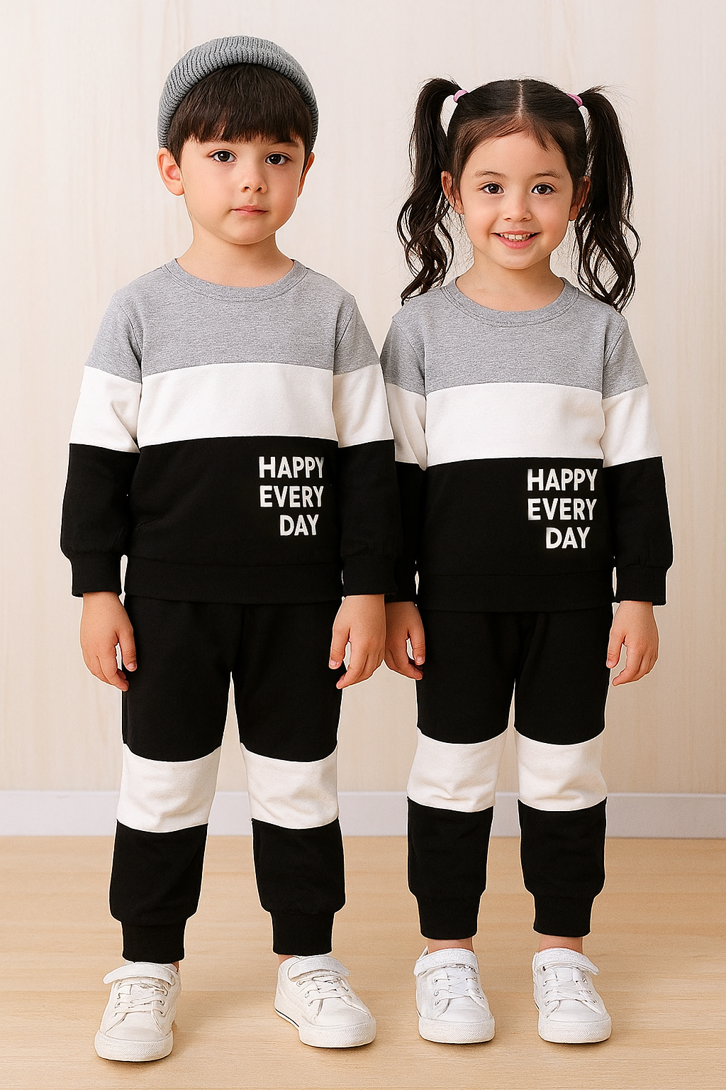 Grey & Black Panel Happy Everyday Printed Kids Winter Suit (Each)