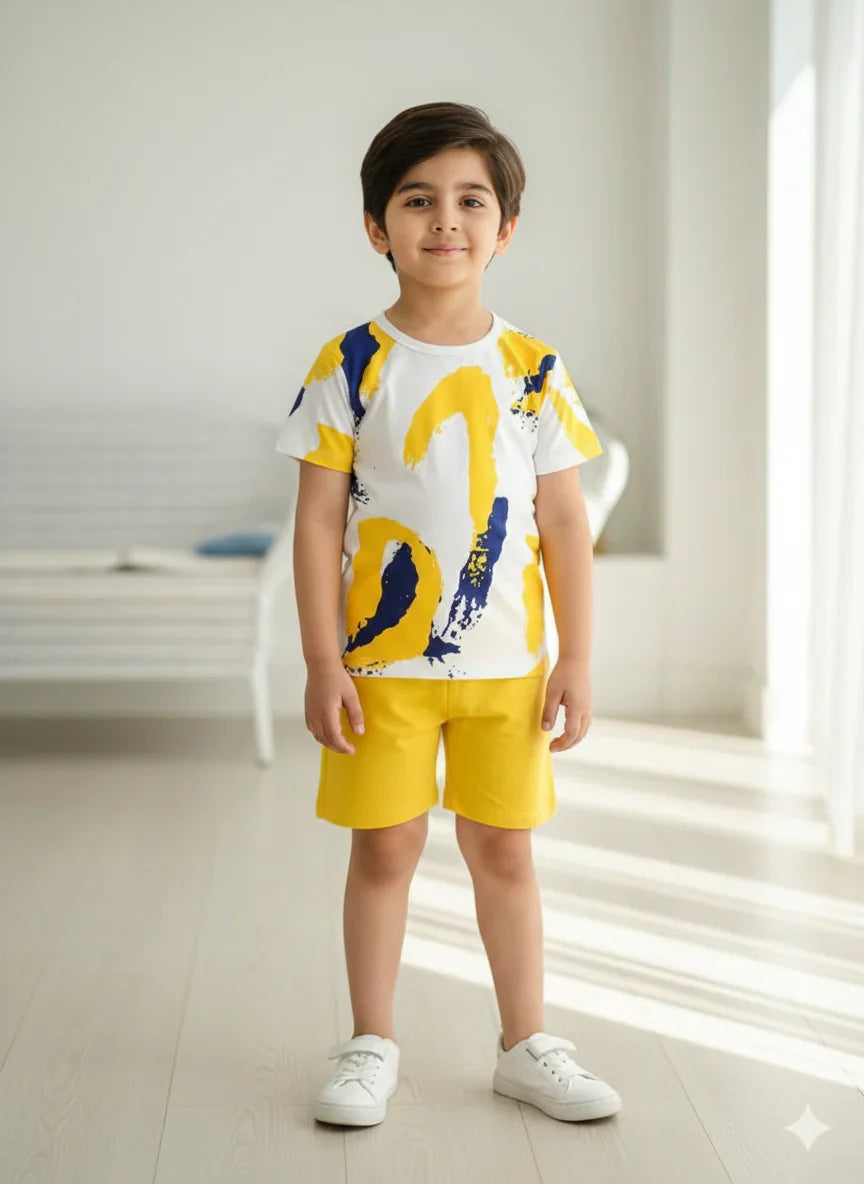 Yellow Multi Printed Kids Short Set (Each)