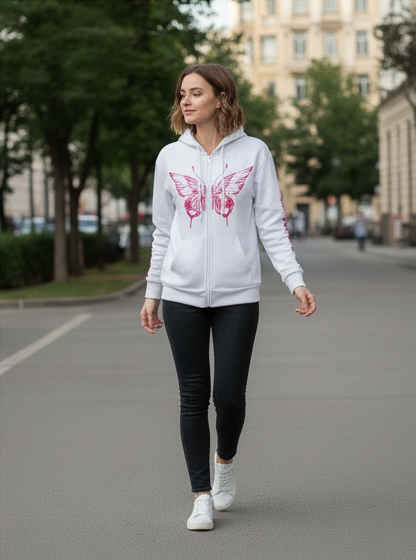 Winter Pink Butterfly Printed Zipper Hoodie For Women