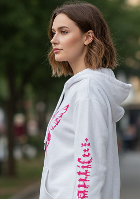 Winter Pink Butterfly Printed Zipper Hoodie For Women