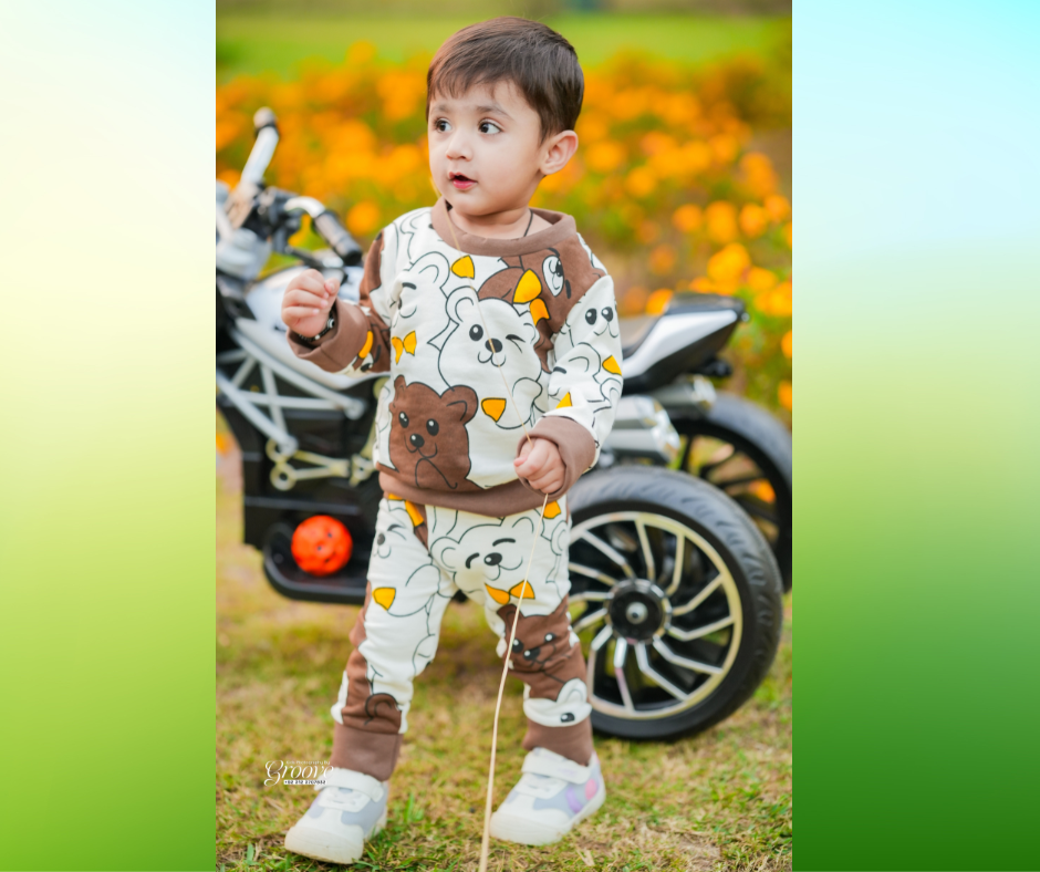 Fleece Fabric Brown Dino & Multi Bear Printed Suit  Pack Of Two