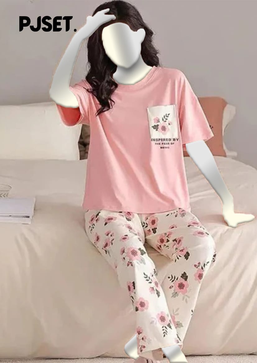 Pink Flower Printed Night Suit