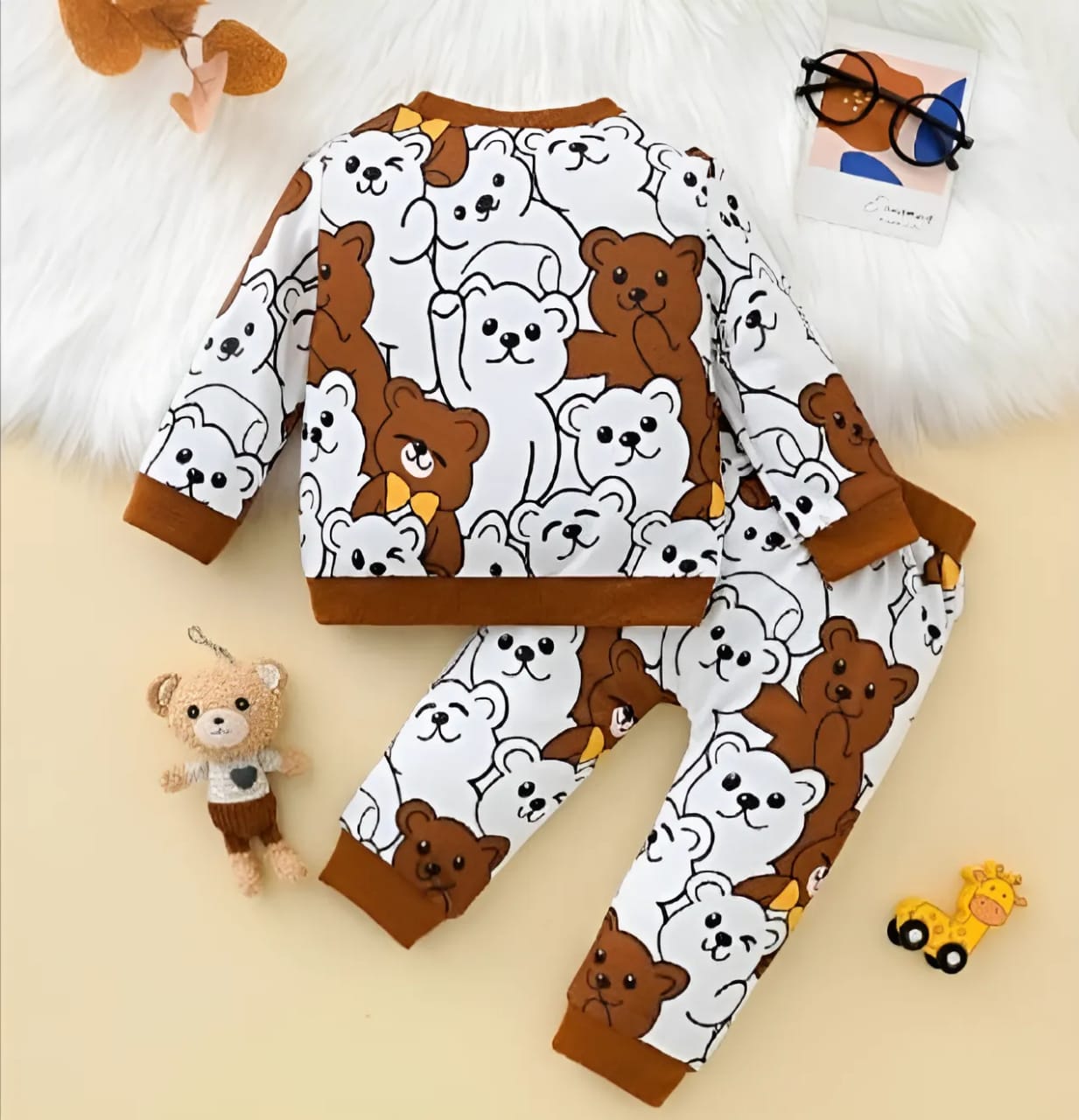 Fleece Fabric White and Brown Bear Kids Sweatshirt & Pant (Each)