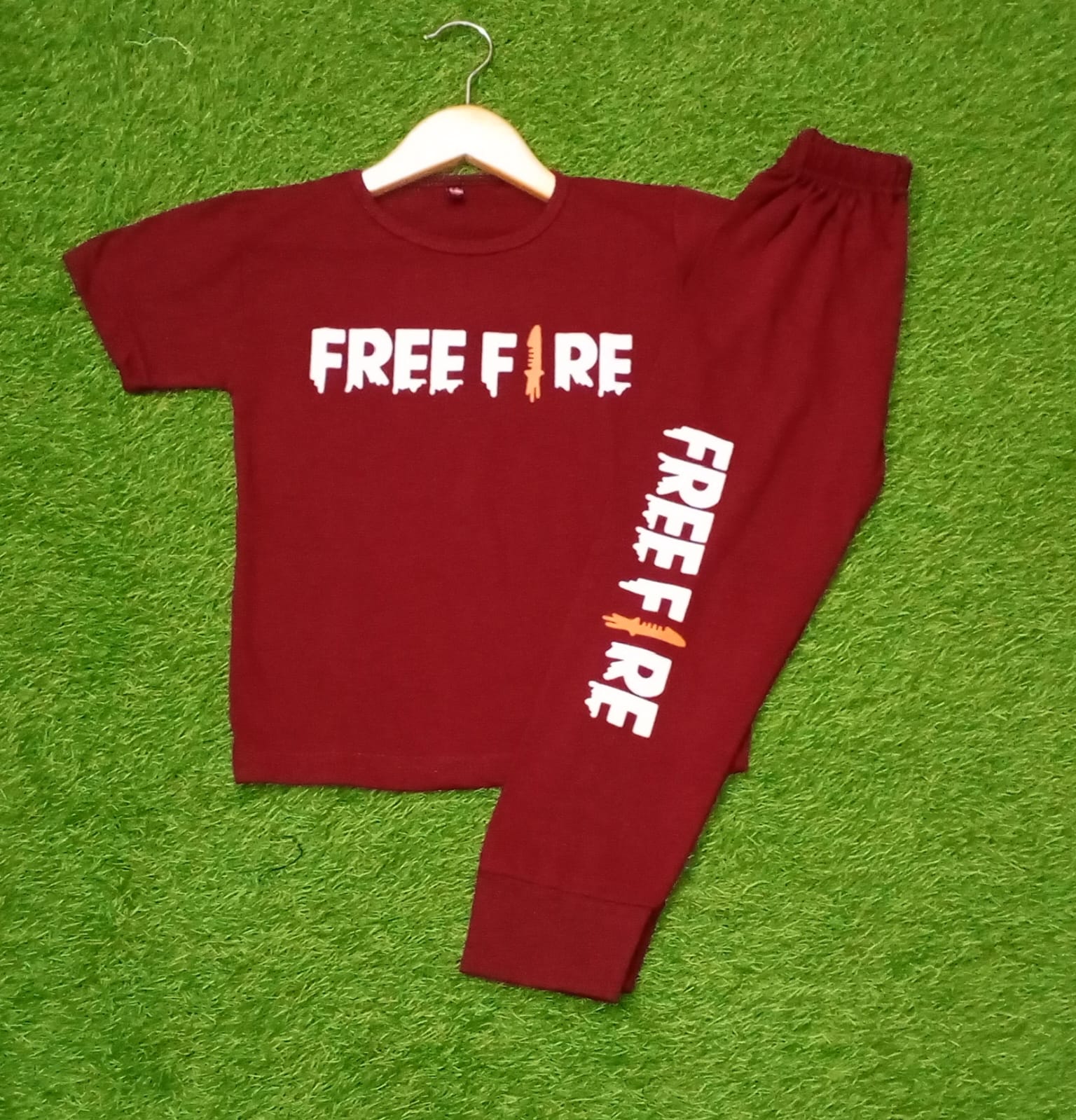 Maroon Free Fire Printed Half Sleeve Kids Suit (Each)