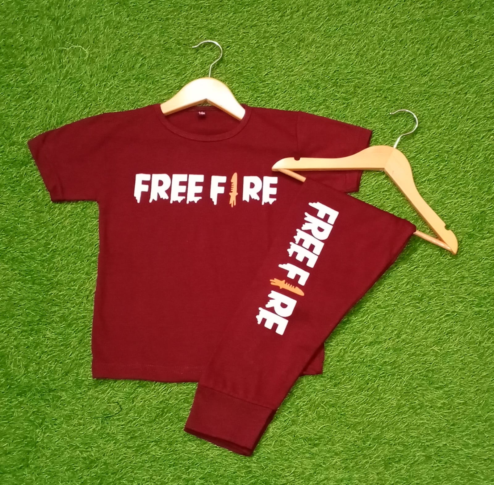 Maroon Free Fire Printed Half Sleeve Kids Suit (Each)