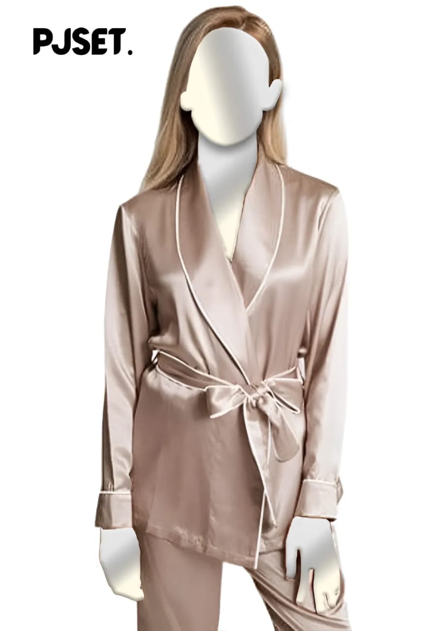 Beige Long Belted Silk Night Suit