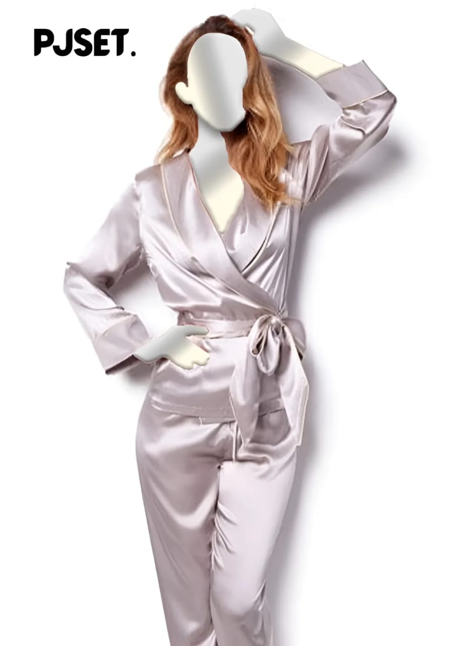 Grey Long Belted Silk Night Suit