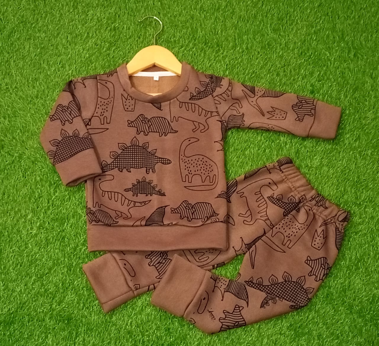 Fleece Fabric Brown Dinosaur Printed  Kids Winter Suit ( Each )
