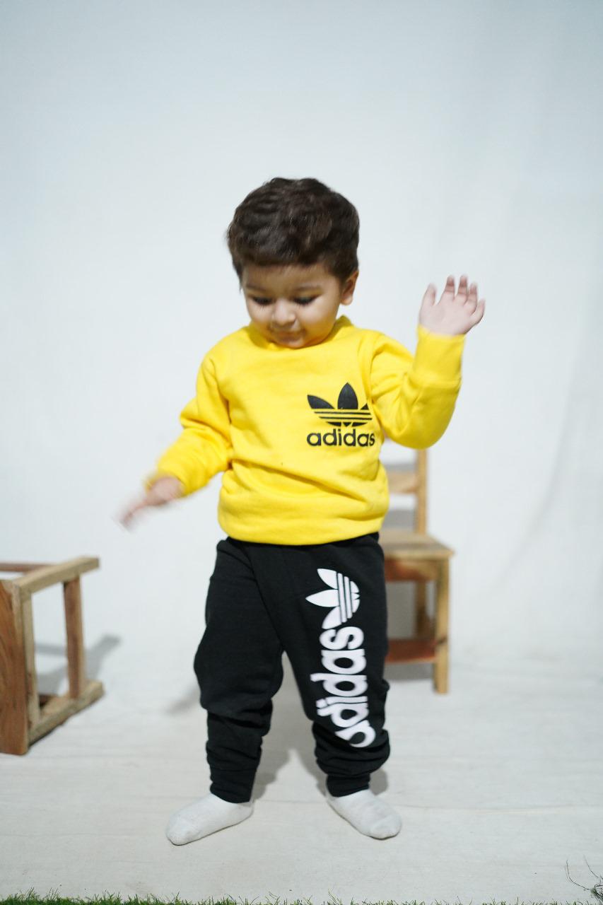 Fleece Fabric Yellow Adidas Printed Kids Winter Suit ( Each )
