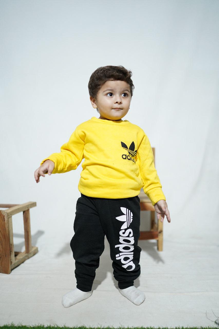 Fleece Fabric Yellow Adidas Printed Kids Winter Suit ( Each )