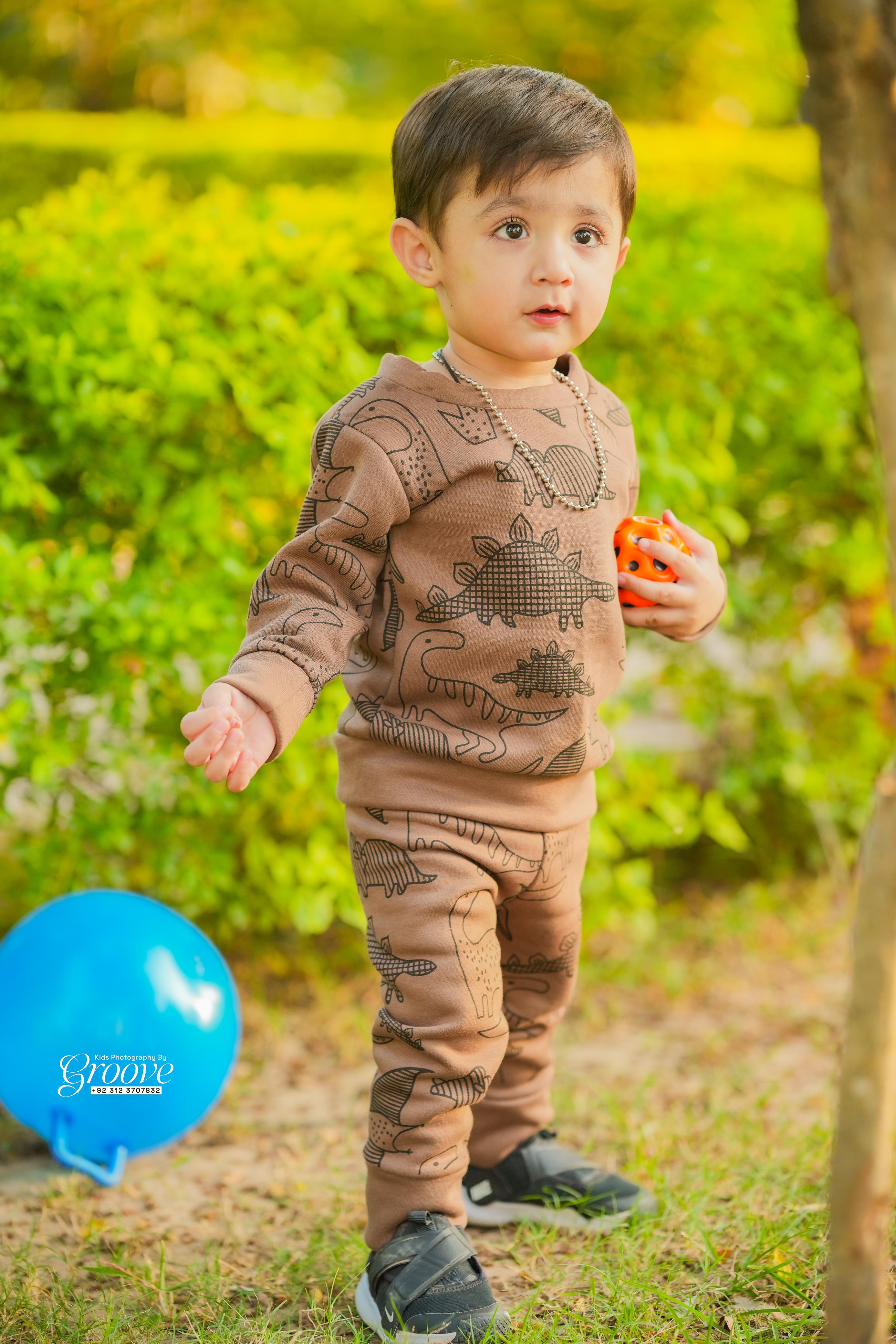 Fleece Fabric Grey Paris & Brown Dino  Printed Suit  Pack Of Two