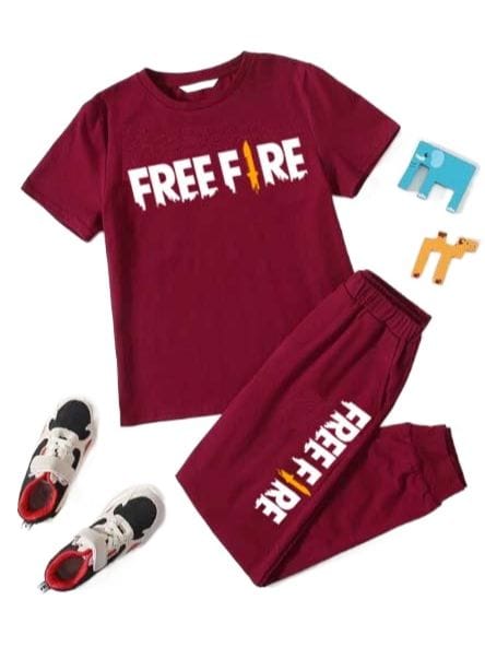 Maroon Free Fire Printed Half Sleeve Kids Suit (Each)