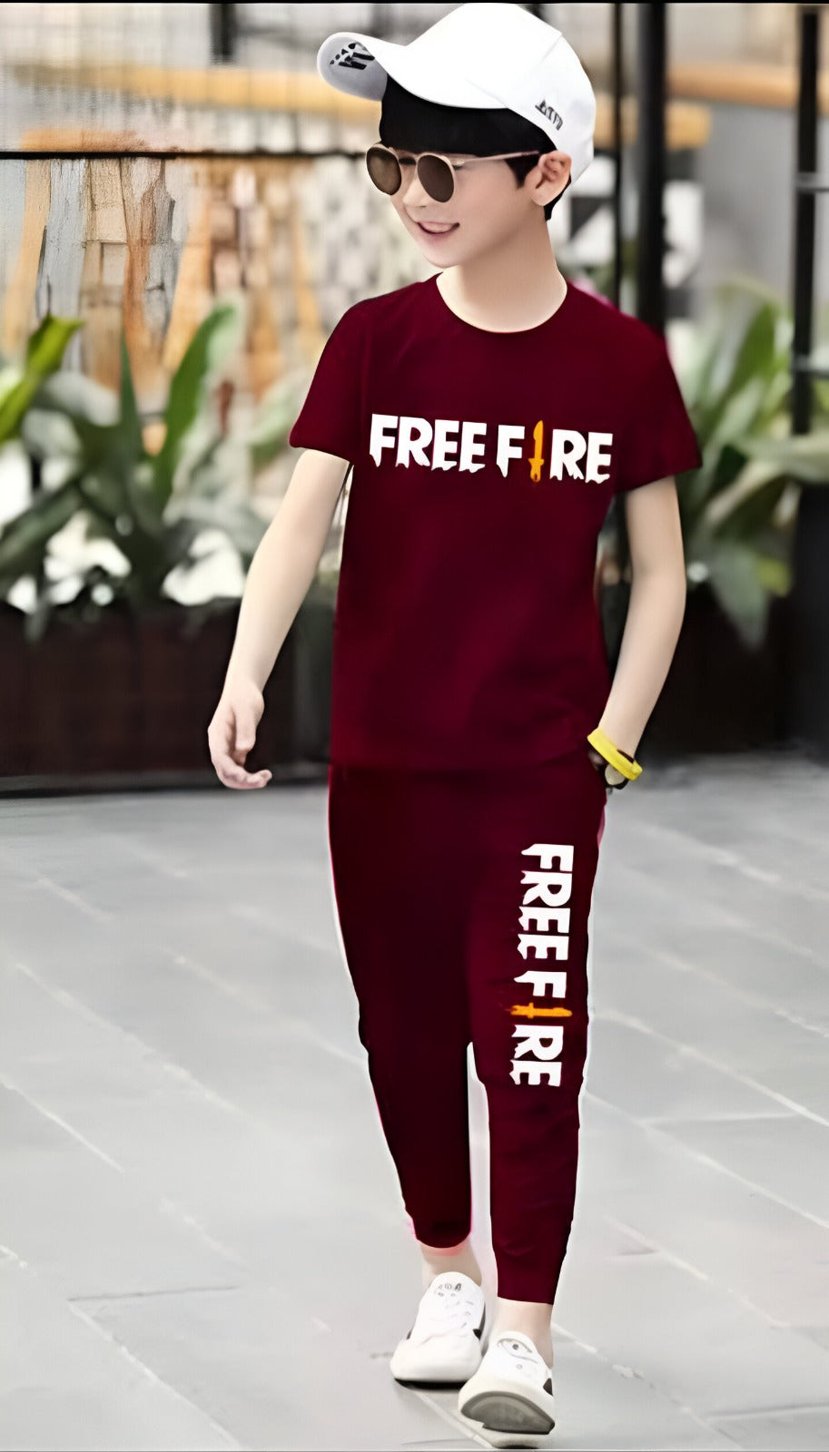 Maroon Free Fire Printed Half Sleeve Kids Suit (Each)