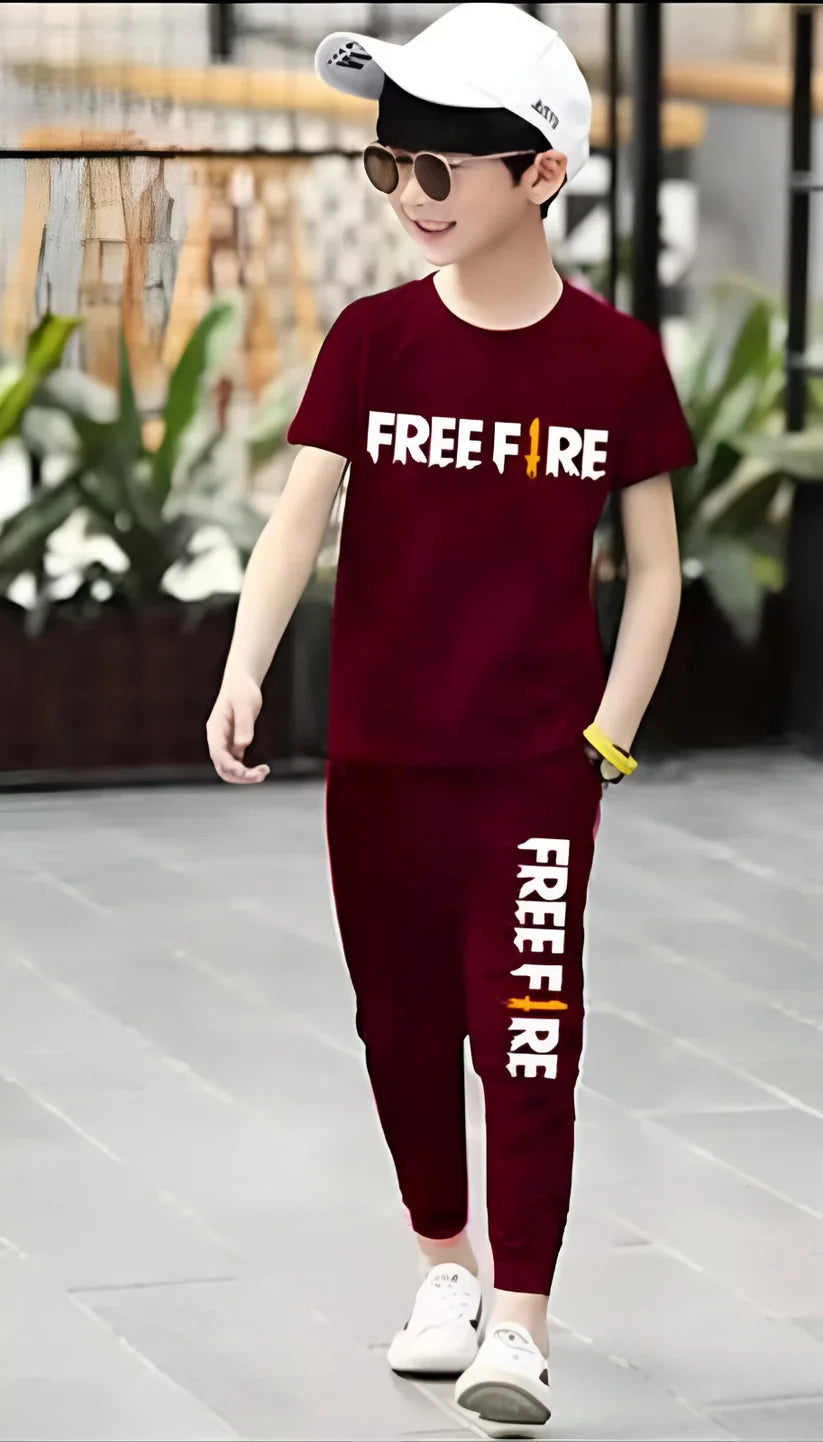 Maroon Free Fire Printed Half Sleeve Kids Suit (Each)