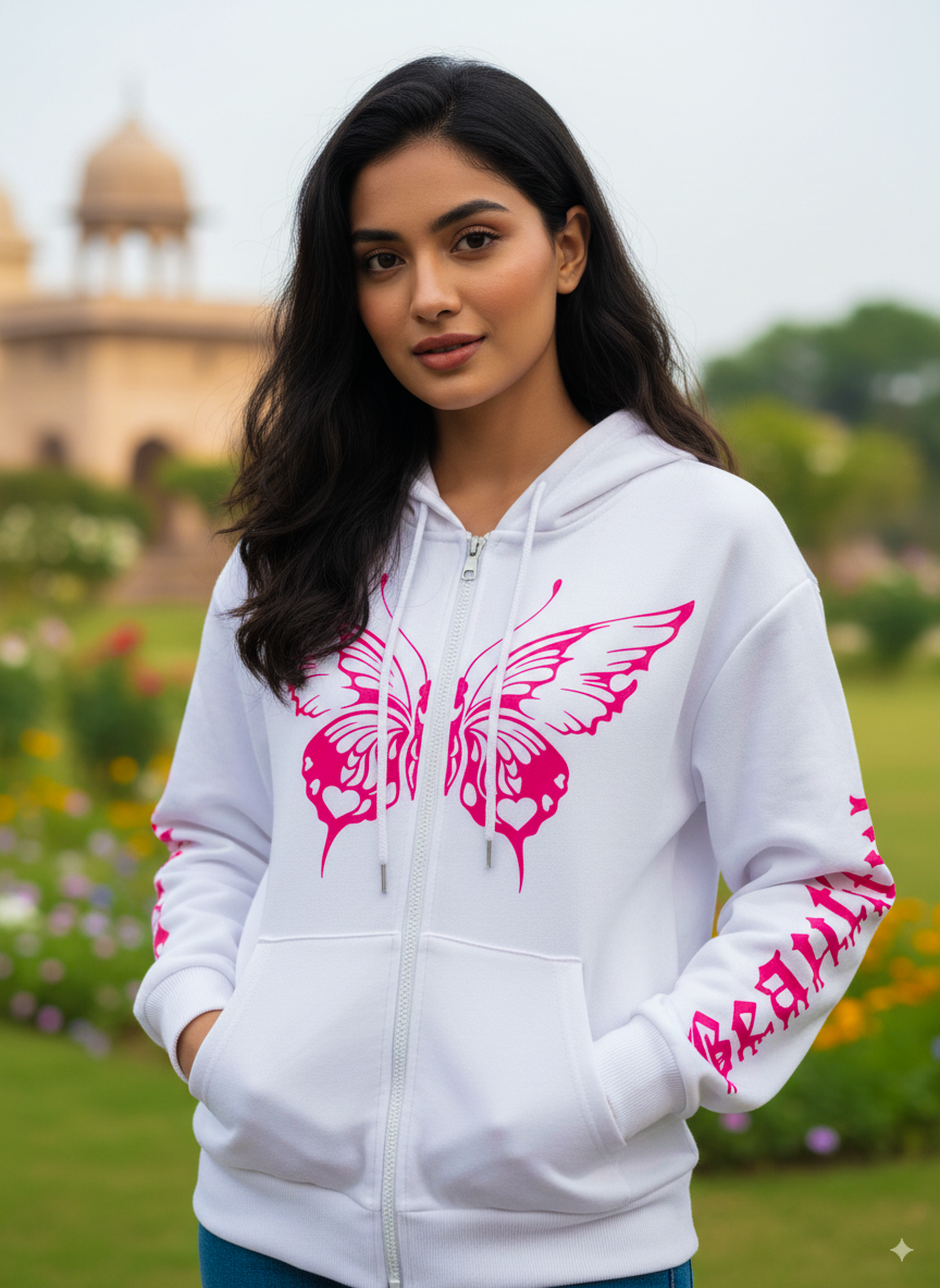 Winter Pink Butterfly Printed Zipper Hoodie For Women
