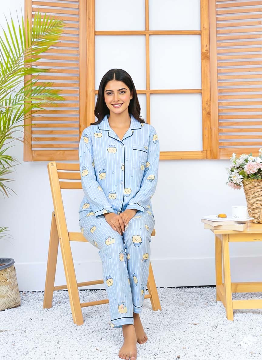 Imported Linen Printed Sky Blue Snow PJ Set-LP1
