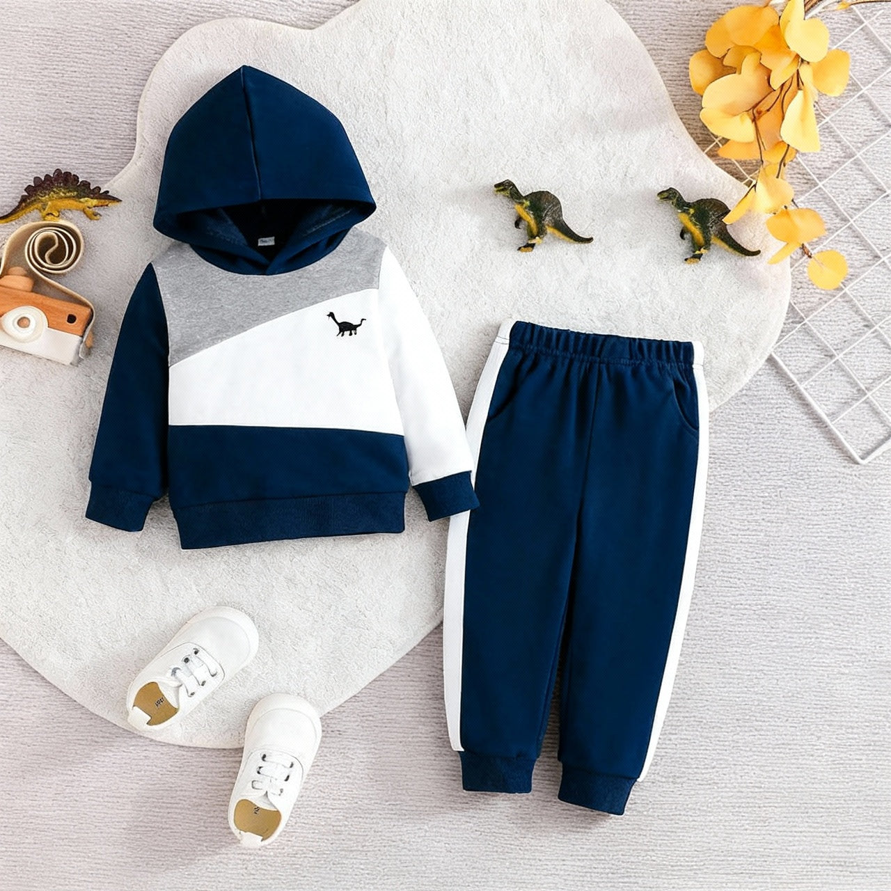 Navy Blue Panel Dinosaur Printed Kids Winter Suit (Each)