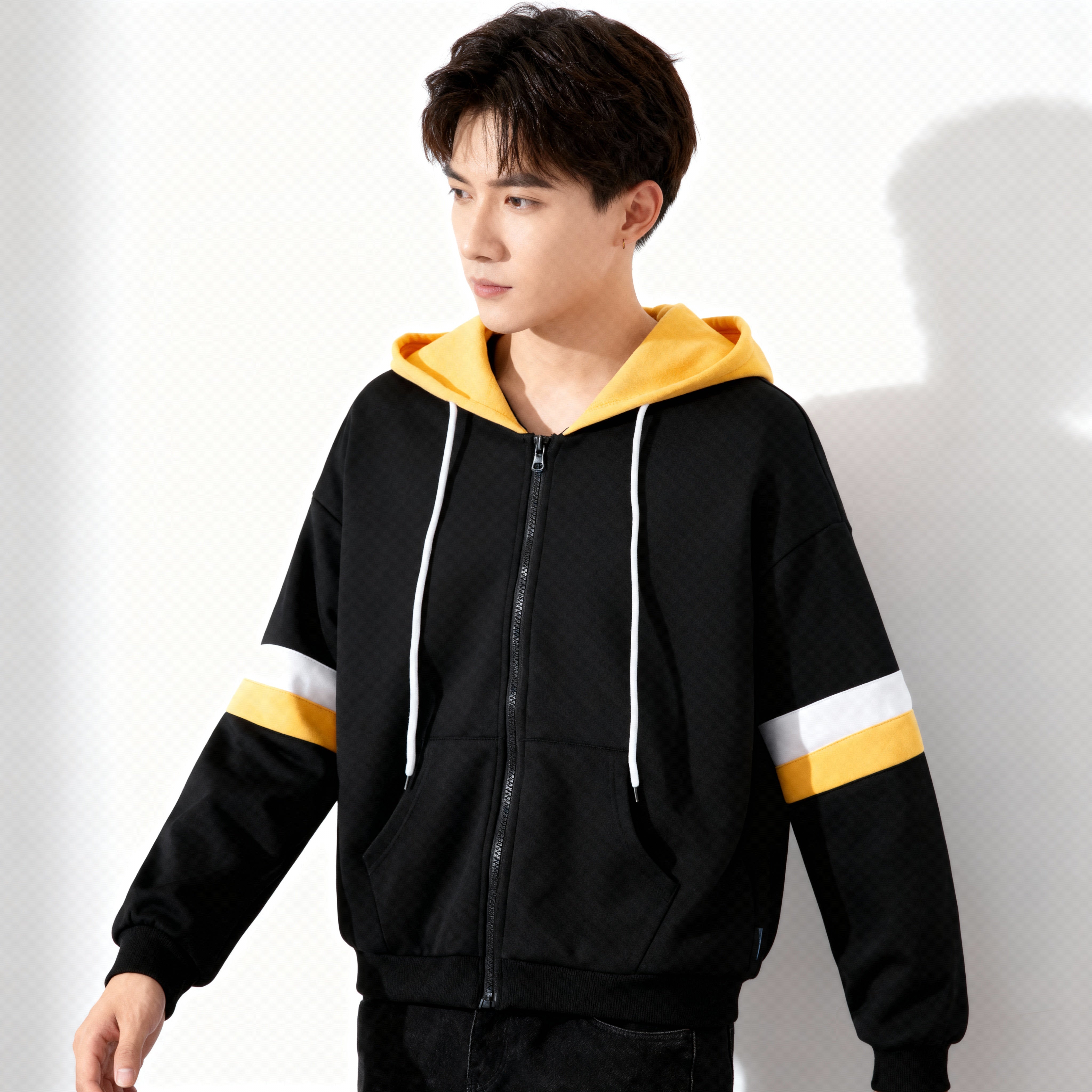 Black with Yellow and White Stripes Zipper Hoodie