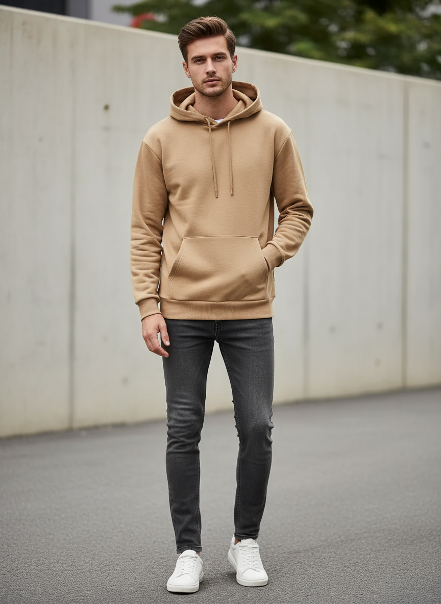 Beige Basic Kangaroo Hoodie for Men