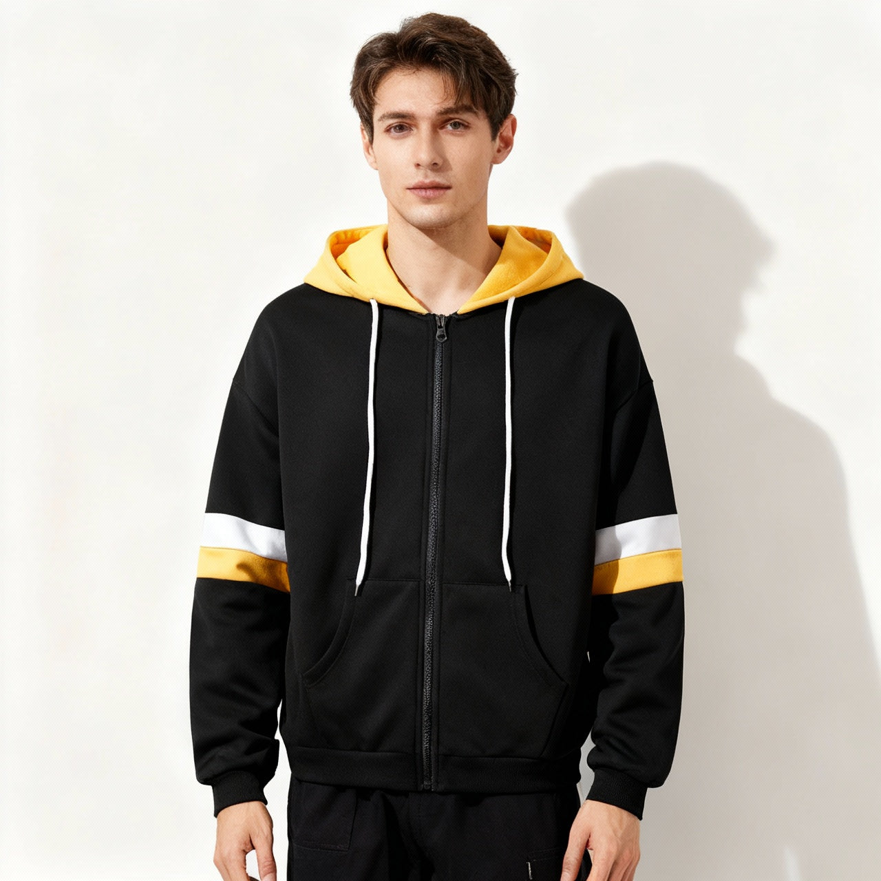 Black with Yellow and White Stripes Zipper Hoodie