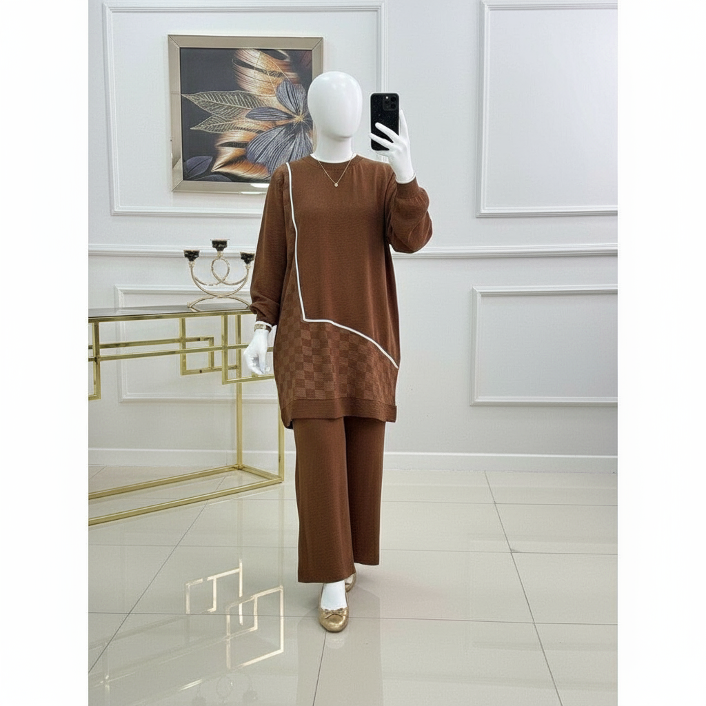 Winter Brown Mosaic Printed Long Sleeves 2 PC Co-Ord Set