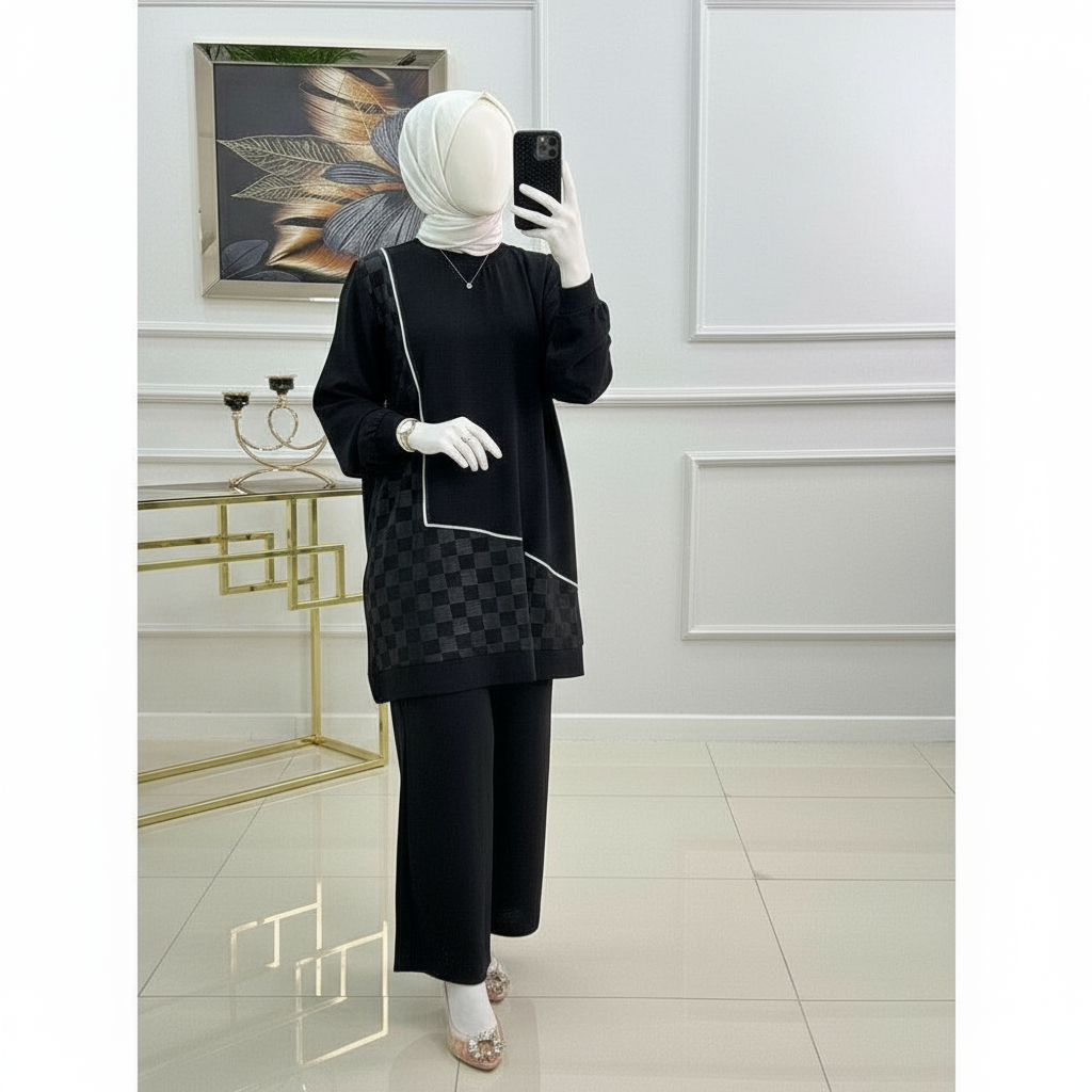 Winter Black Mosaic Printed Long Sleeves 2 PC Co-Ord Set