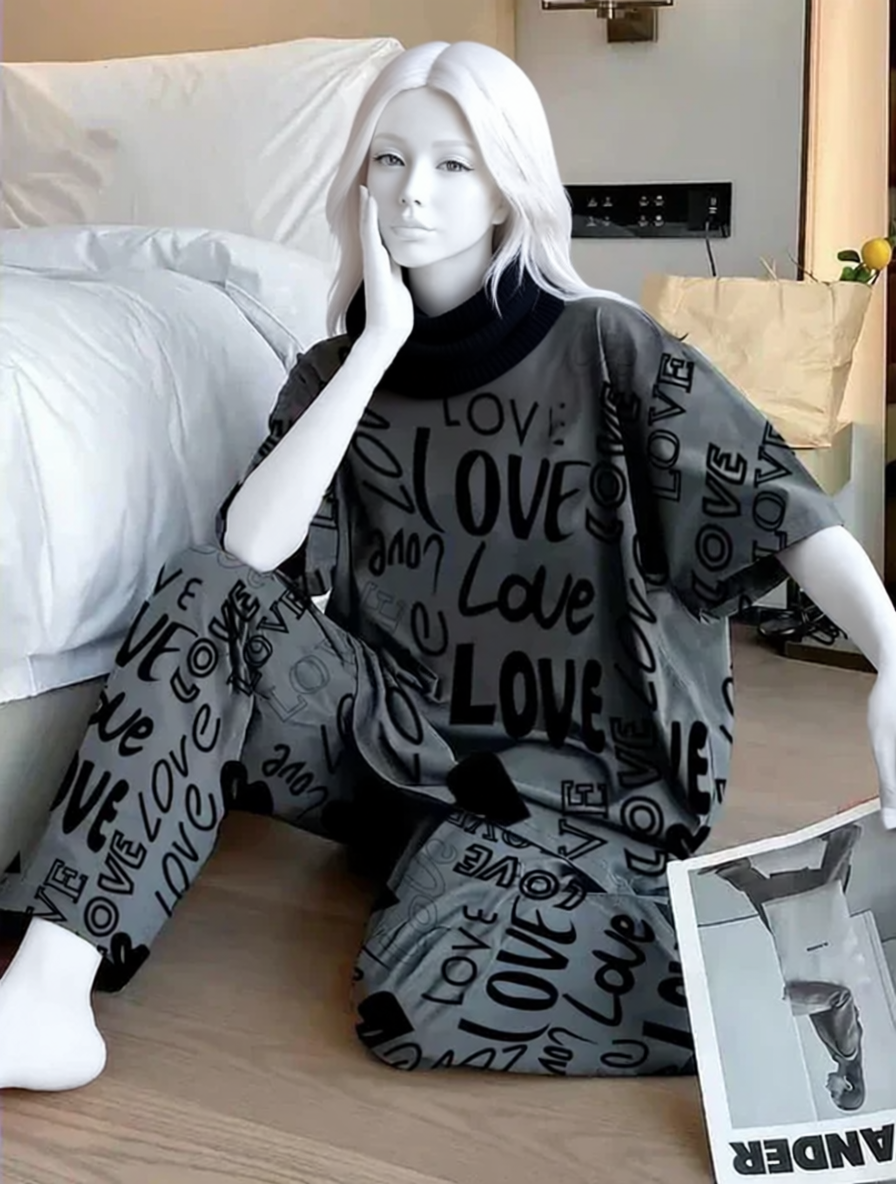 Grey Love Printed Night Suit