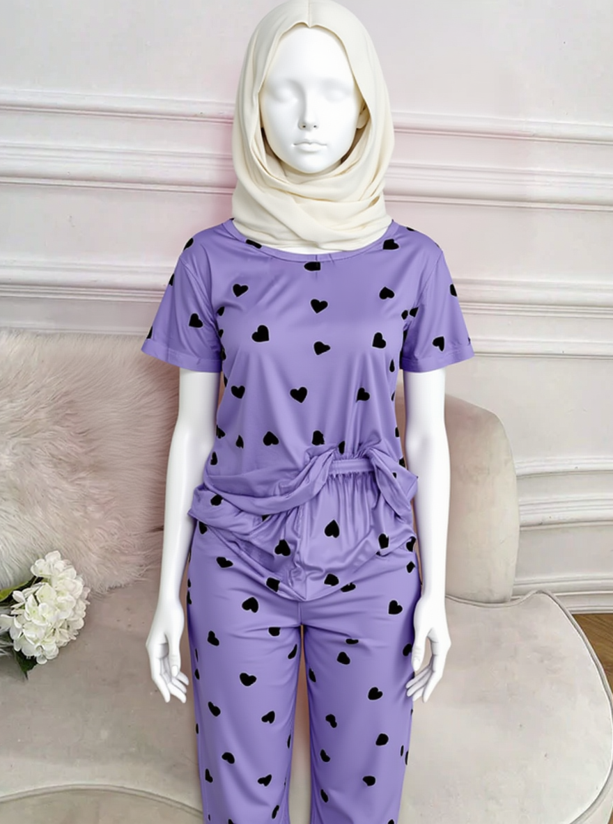 Purple Black Multi Heart Printed Night Suit