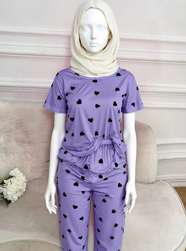 Purple Black Multi Heart Printed Night Suit