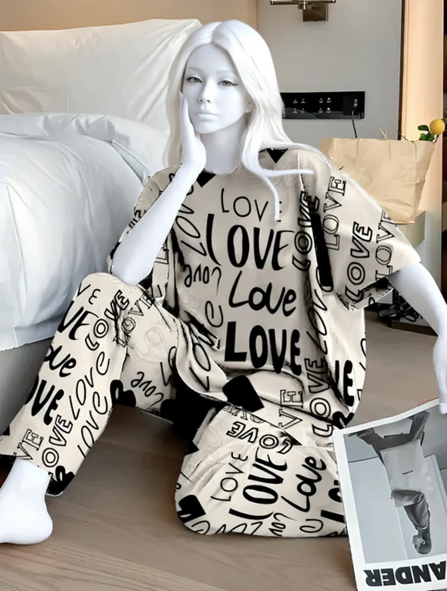 Biege Love Printed Night Suit