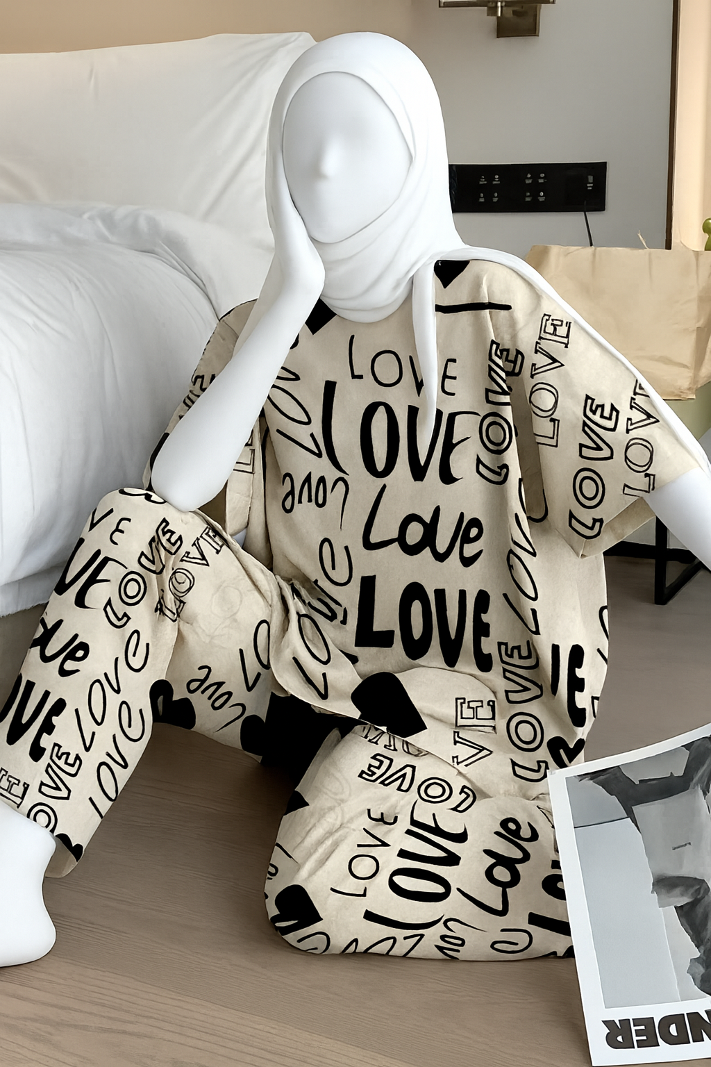 Biege Love Printed Night Suit