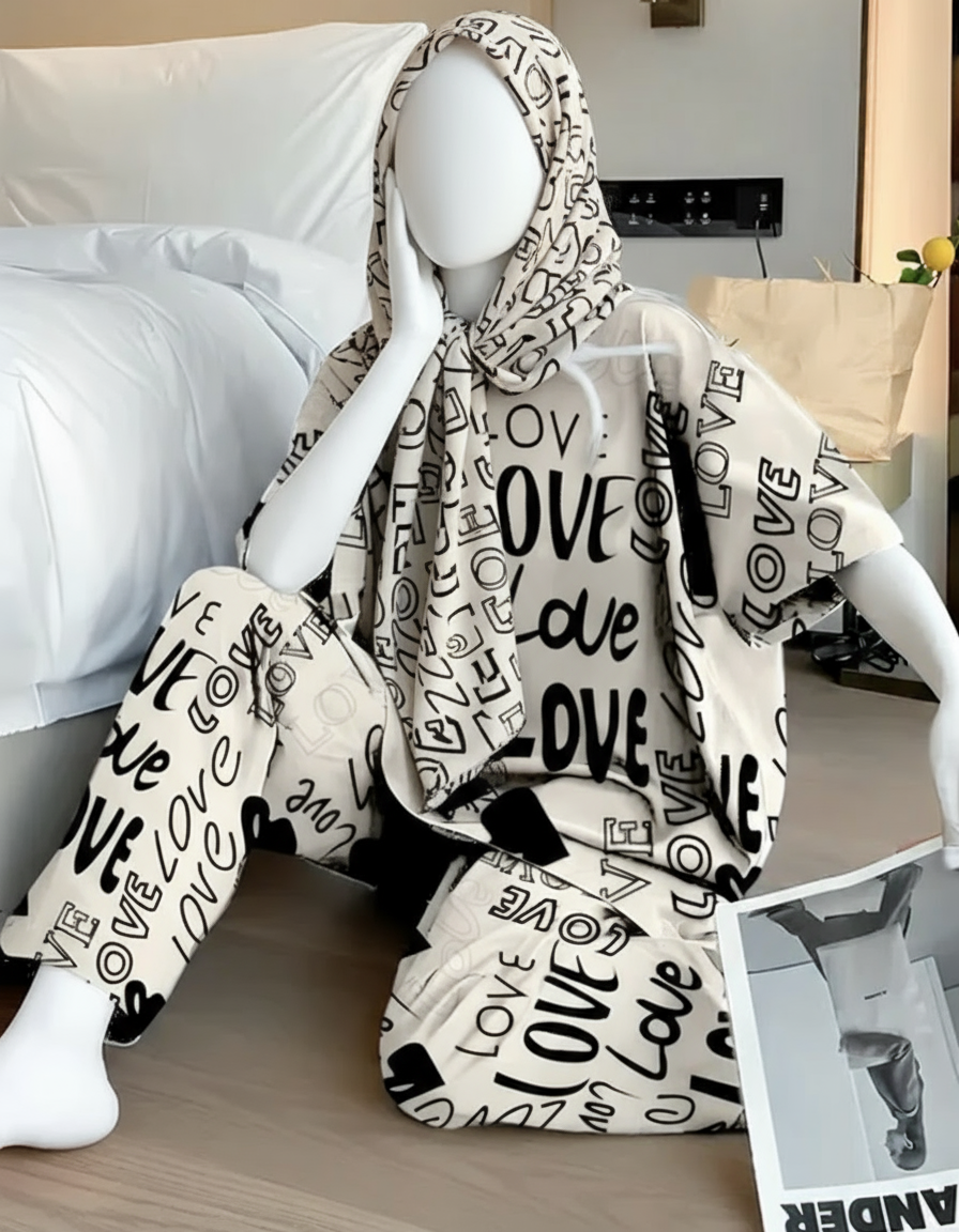 Biege Love Printed Night Suit