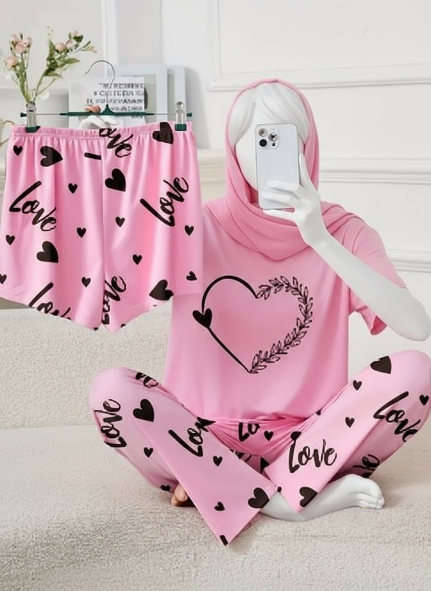 3 Piece Pink Heart Nightwear