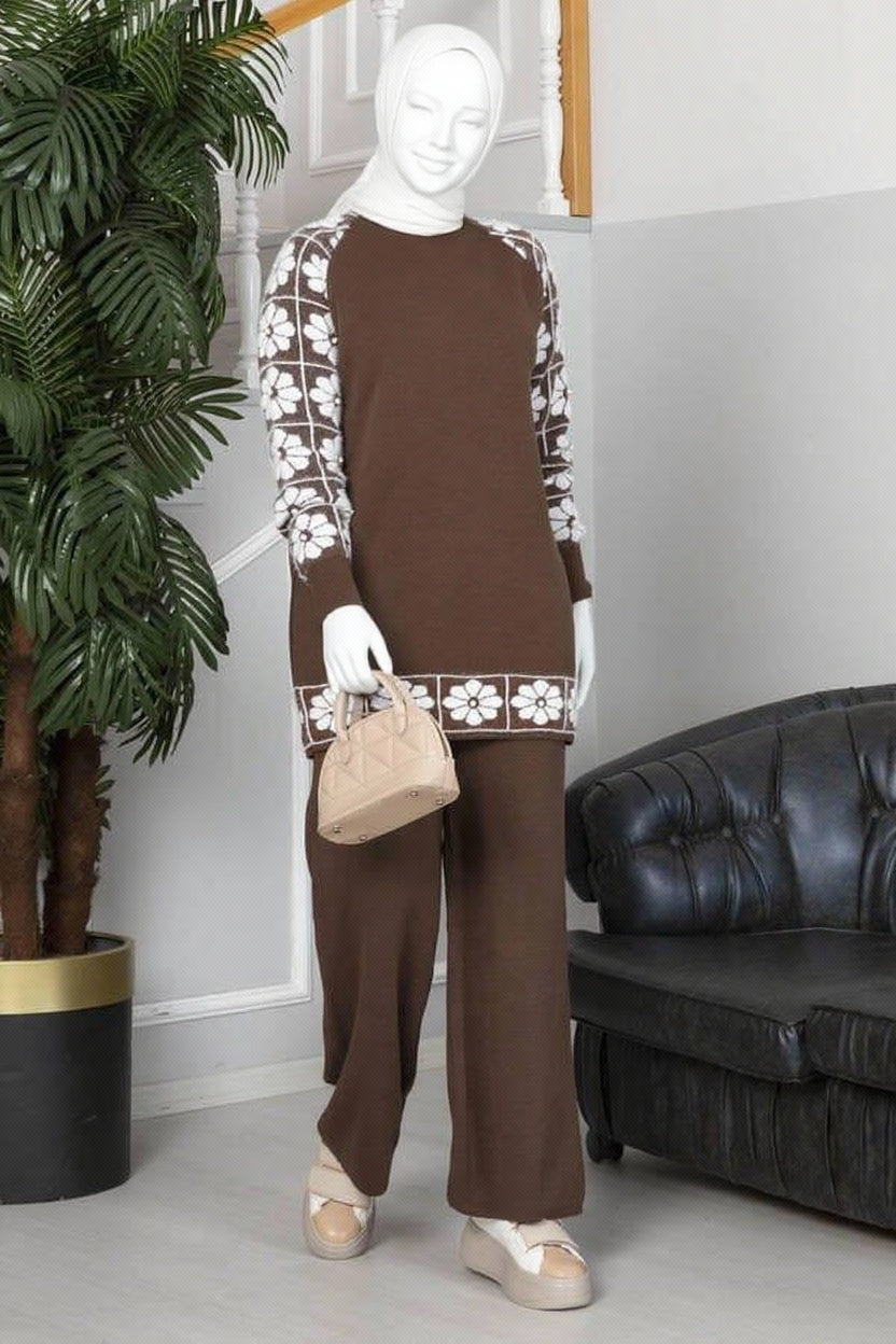 Winter Brown Sunflower Printed Long Sleeves 2 PCs Co-Ord Set