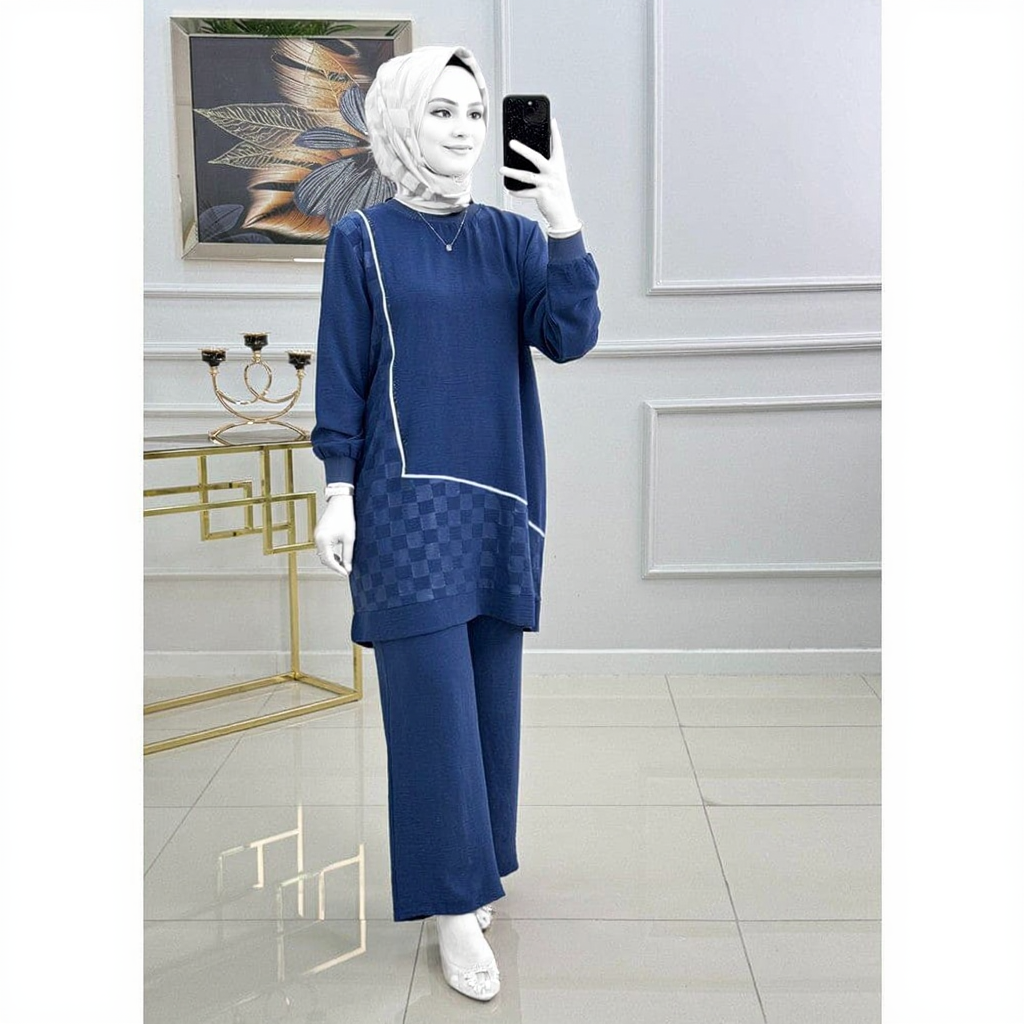 Winter Blue Mosaic Printed Long Sleeves 2 PC Co-Ord Set