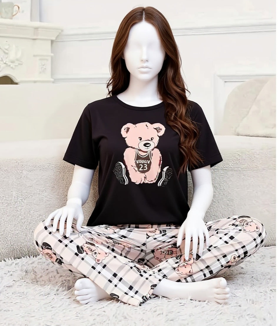 3 Piece Printed Night Suit Check Panda