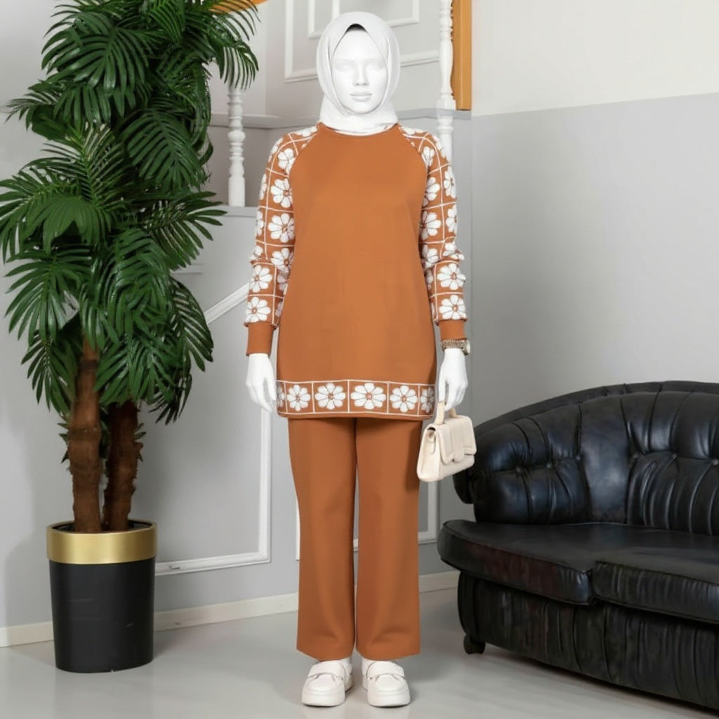 Winter Camel  Sunflower Printed Long Sleeves 2 PCs Co-Ord Set