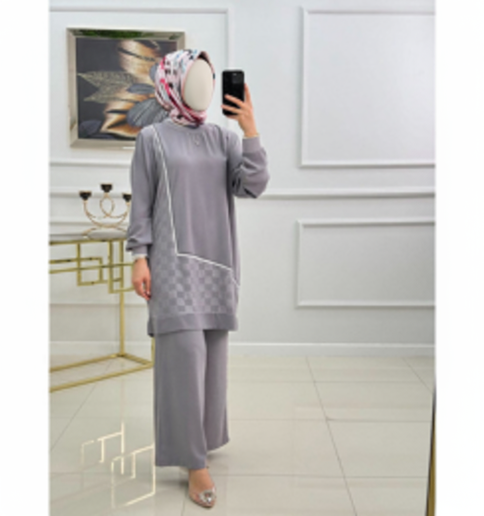 Winter Grey Mosaic Printed Long Sleeves 2 PC Co-Ord Set