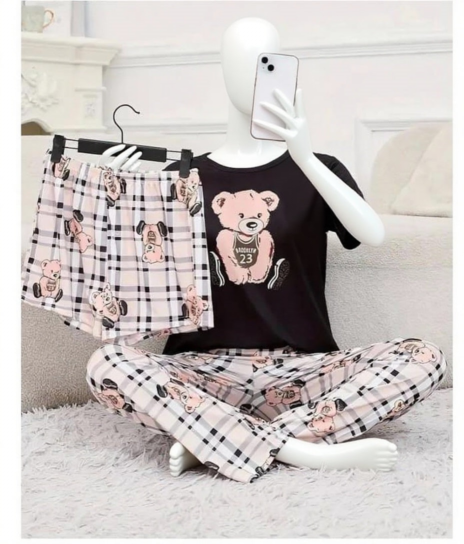 3 Piece Printed Night Suit Check Panda