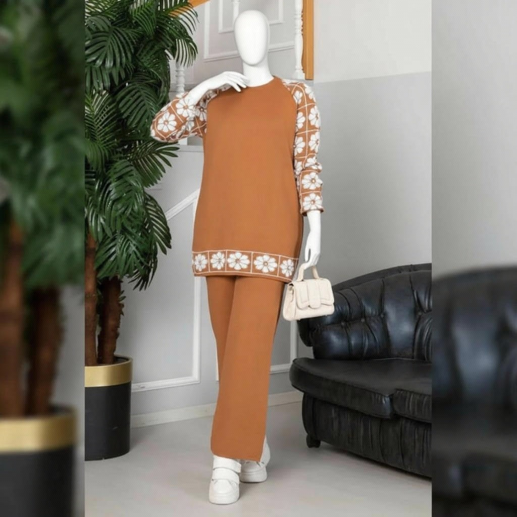 Winter Camel  Sunflower Printed Long Sleeves 2 PCs Co-Ord Set