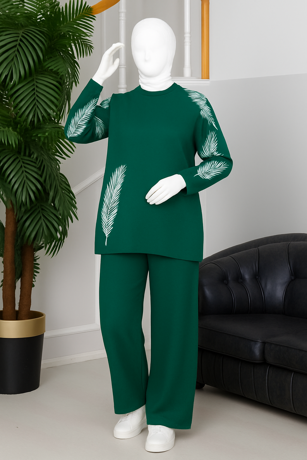 Winter C-Green Camel Feather Printed Long Sleeves 2 PC Co-Ord Set For Women