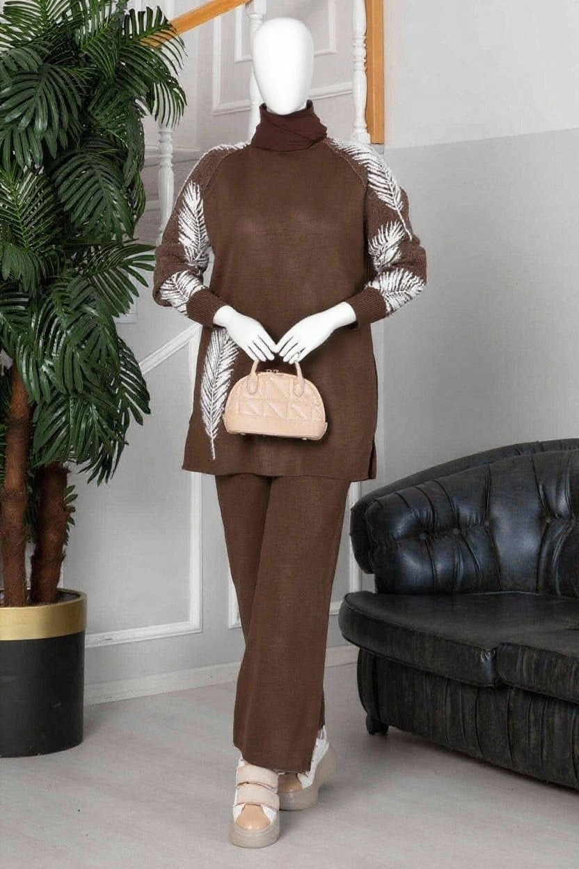 Winter Brown Camel Feather Printed Long Sleeves 2 PC Co-Ord Set For Women