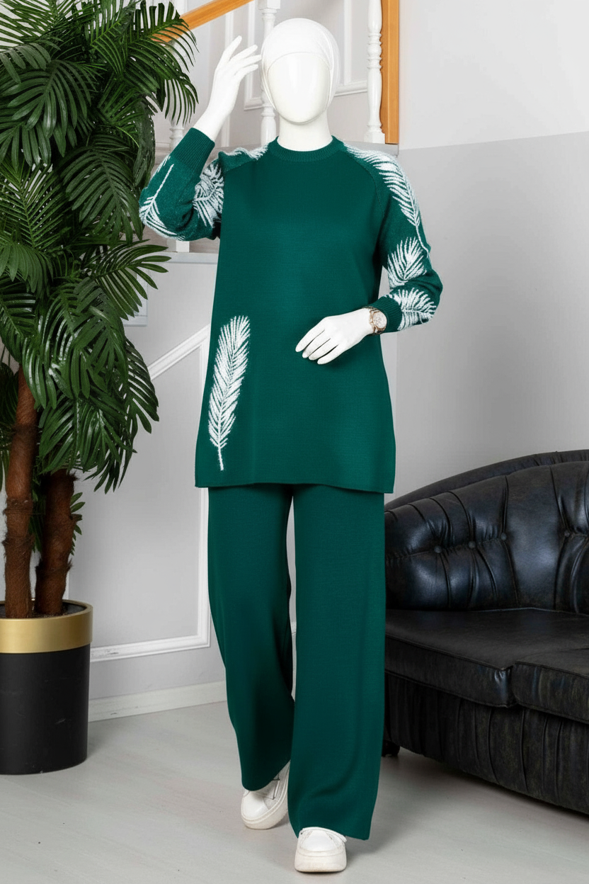 Winter C-Green Camel Feather Printed Long Sleeves 2 PC Co-Ord Set For Women